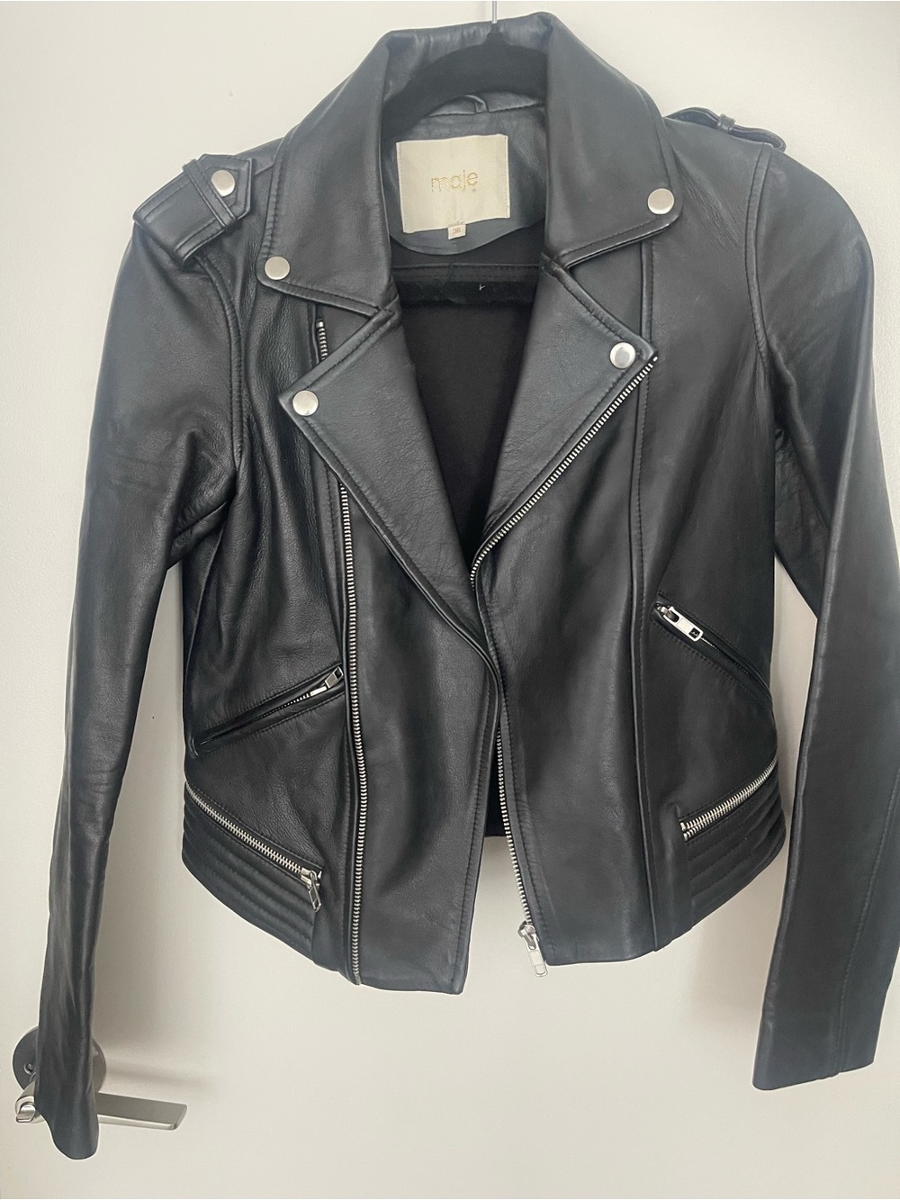 Maje Black Leather Biker Jacket with Silver Hardware